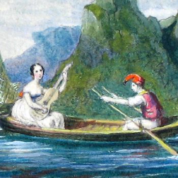 Scene with man rowing and woman playing a musical instrument
